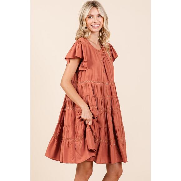 Mittoshop Lace Detail Ruffled Sleeves Button Down Tiered Mini Dress | Pumpkin - Picture 4 of 7